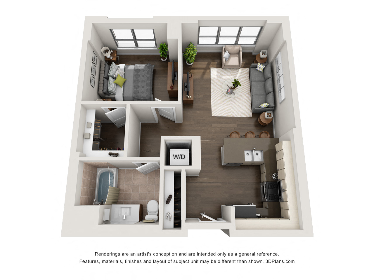 Floor plan for 1 bed, 1 bath, 698 sqft